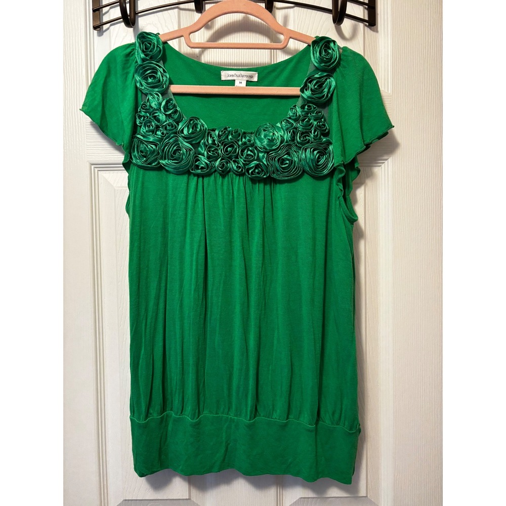 John Paul Richard Green Rosette Neckline Blouse Top M100-1696J Womens Medium